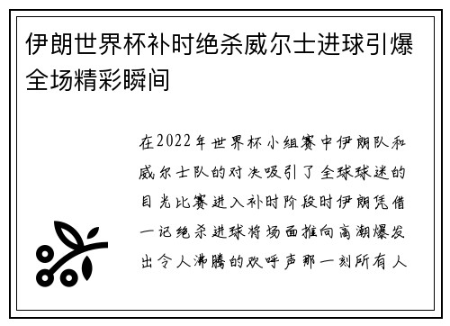 伊朗世界杯补时绝杀威尔士进球引爆全场精彩瞬间