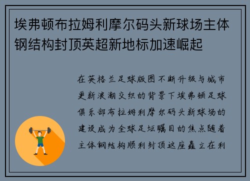 埃弗顿布拉姆利摩尔码头新球场主体钢结构封顶英超新地标加速崛起 埃弗顿布拉姆利摩尔码头新球场主体钢结构封顶英超新地标加速崛起