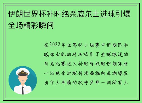 伊朗世界杯补时绝杀威尔士进球引爆全场精彩瞬间